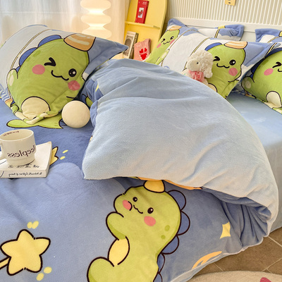 FUANINAIART牛奶绒卡通印花四件套三件套加厚无静电单被套1