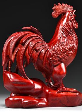 红色木质大公鸡摆件实木十二生肖鸡吉祥物木制家居装饰红木工艺品