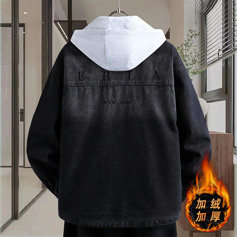 秋冬季做旧复古牛仔外套男士2025新款加绒加厚夹克男款青少年棉衣 - 图1