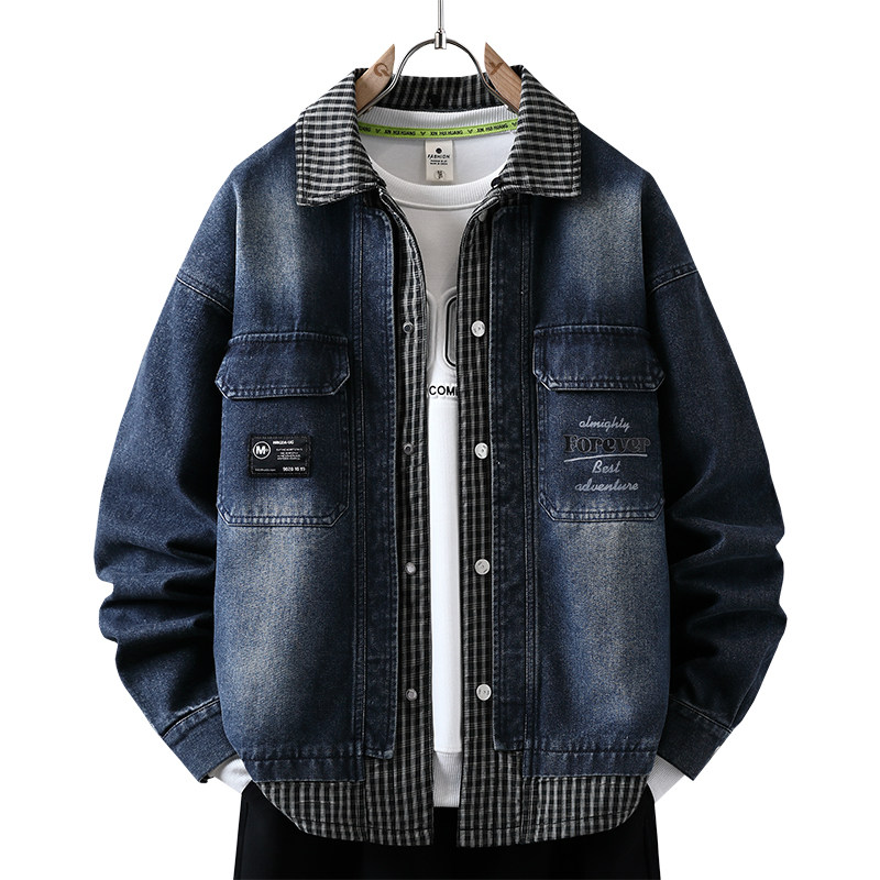 时尚假两件牛仔夹克男加绒加厚秋冬季高级感痞帅外套青少年男装潮,淘宝优惠券,粉丝福利购,淘宝优惠卷