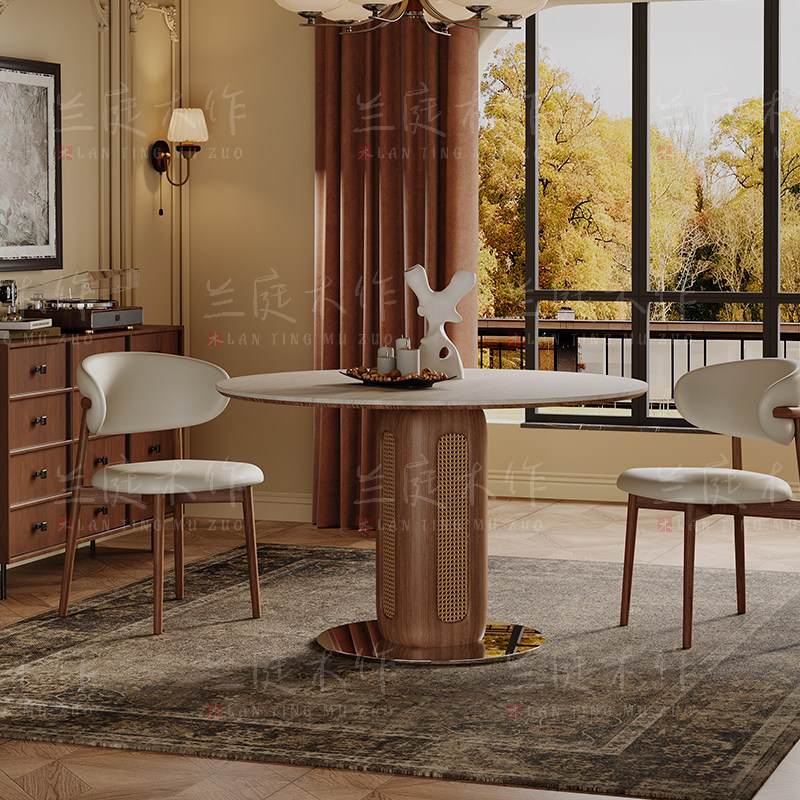 德利丰岩板洞石桌中古圆桌复古编藤腿圆形餐桌法式包豪斯实木饭桌,淘宝优惠券,粉丝福利购,淘宝优惠卷