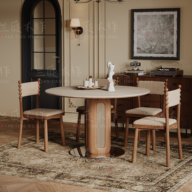 德利丰岩板洞石桌中古圆桌复古编藤腿圆形餐桌法式包豪斯实木饭桌,淘宝优惠券,粉丝福利购,淘宝优惠卷