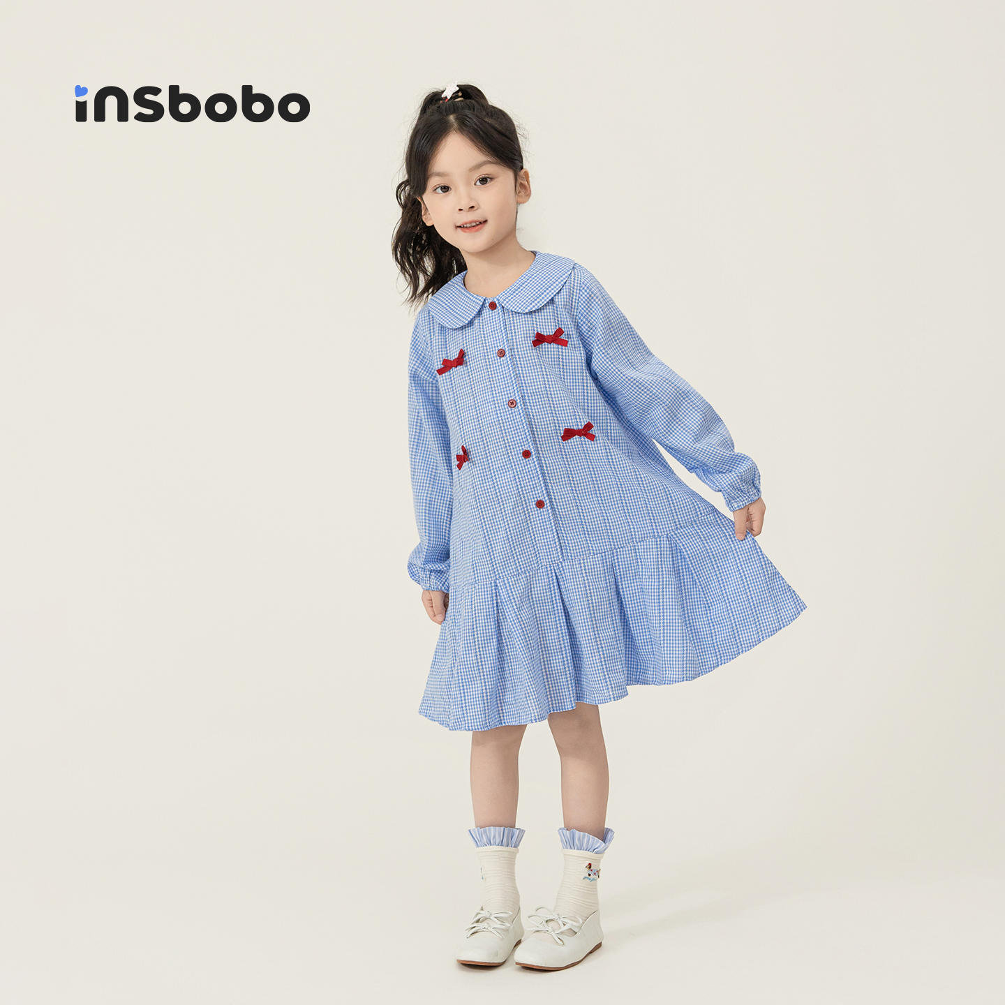 INSbobo女童连衣裙秋装新款儿童长袖裙子女孩甜美娃娃领衣服童装 - 图3