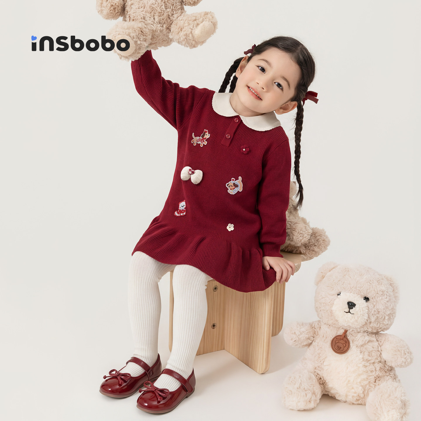 INSbobo童装女童红色连衣裙儿童拜年服过年冬裙女孩公主裙毛衣裙,淘宝优惠券,粉丝福利购,淘宝优惠卷