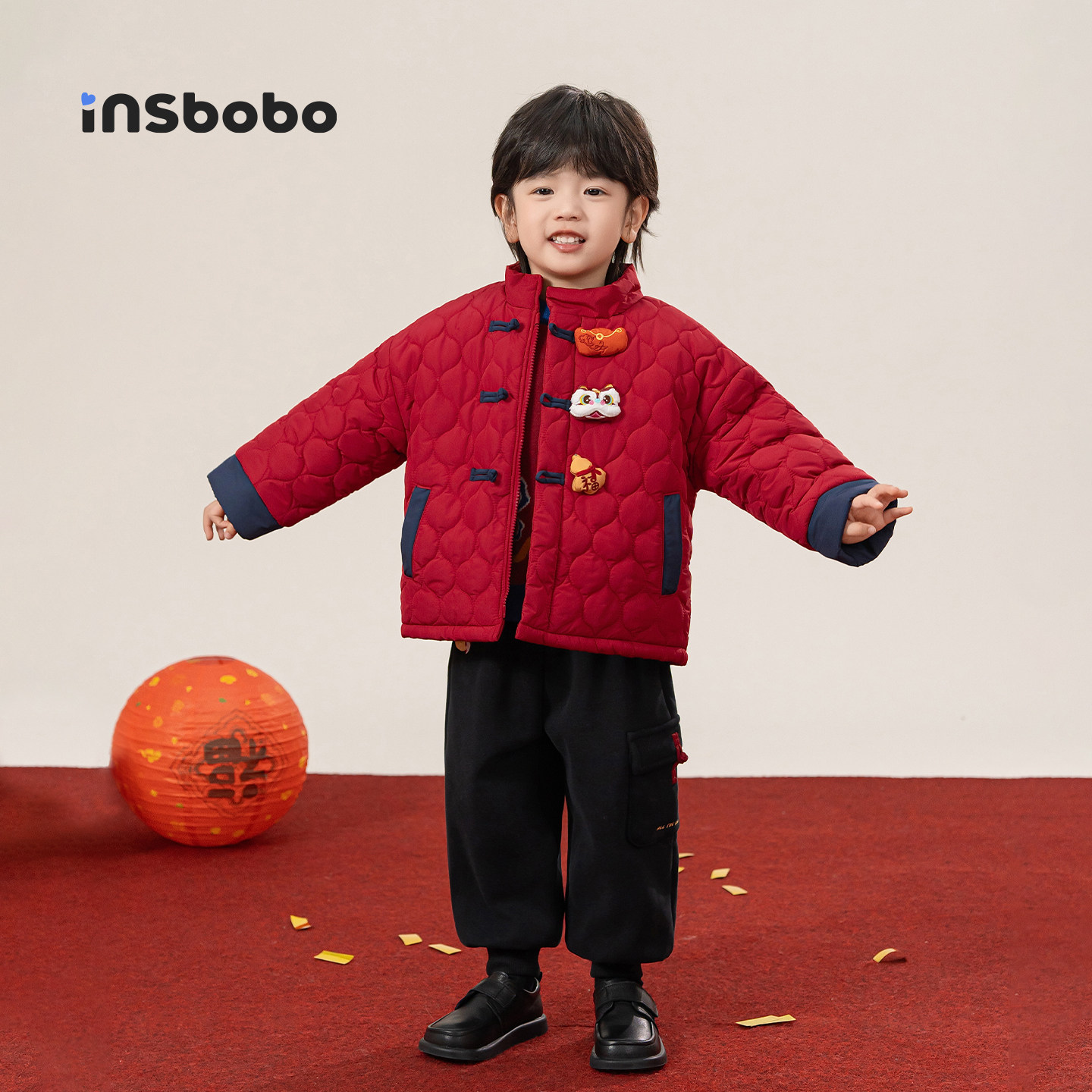 INSbobo童装儿童汉服外套女童红色拜年服男童夹棉上衣过年衣服冬,淘宝优惠券,粉丝福利购,淘宝优惠卷