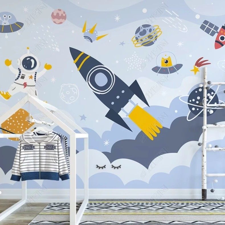 太空飞船儿童房背景墙壁纸男孩房间卡通壁画火箭墙纸幼儿园墙画布,淘宝优惠券,粉丝福利购,淘宝优惠卷
