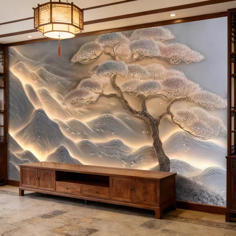 新中式客厅背景墙定制壁画3D立体浮雕山水松树墙布影视墙壁布高档,淘宝优惠券,粉丝福利购,淘宝优惠卷