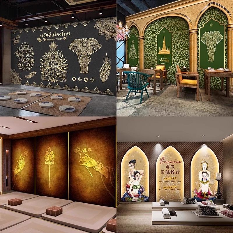 泰式风格墙纸东南亚风背景墙壁纸养生馆古法足疗怀旧会所定制壁画,淘宝优惠券,粉丝福利购,淘宝优惠卷
