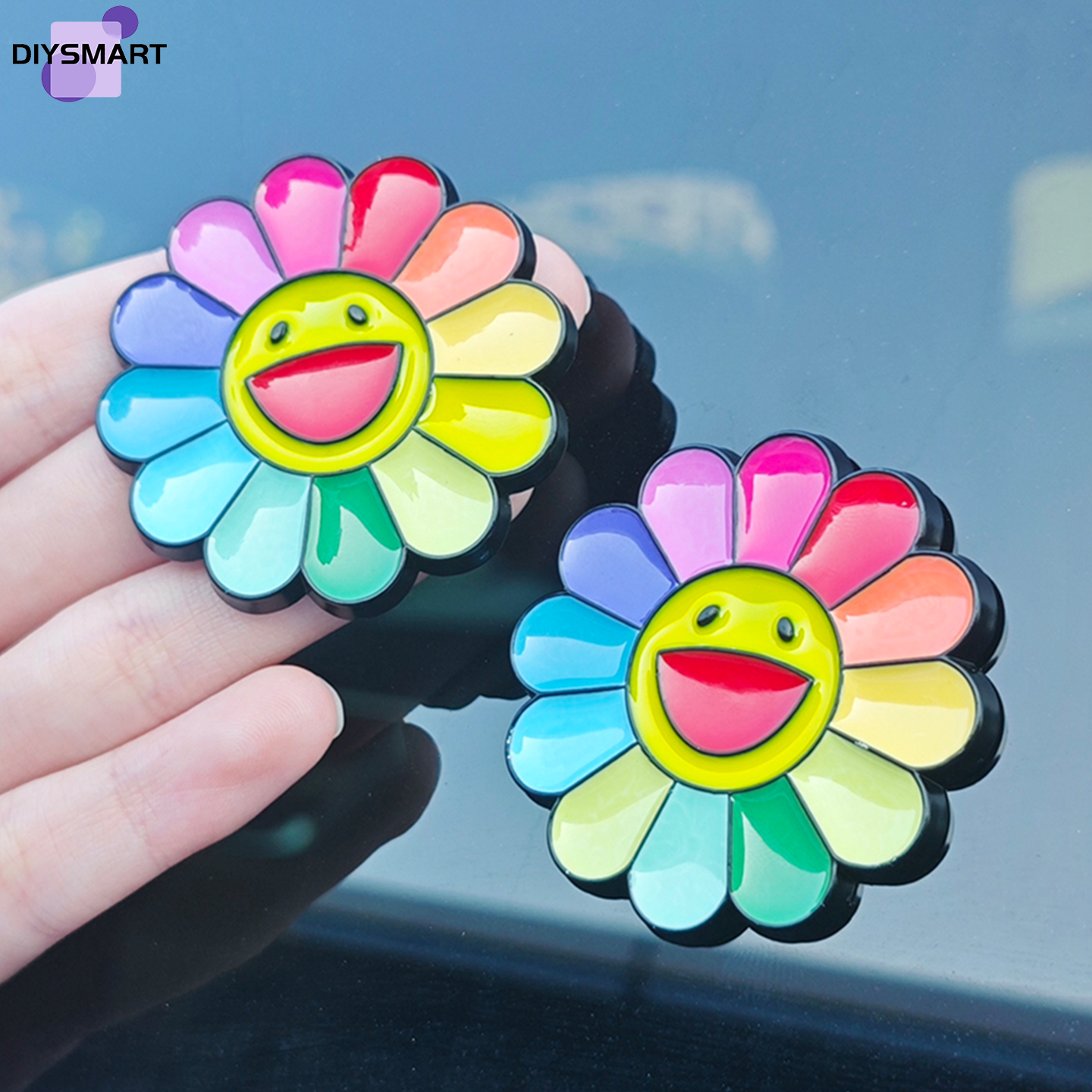 彩虹微笑太阳花车贴可爱立体金属汽车装饰贴纸个性尾标治愈饰品女,淘宝优惠券,粉丝福利购,淘宝优惠卷