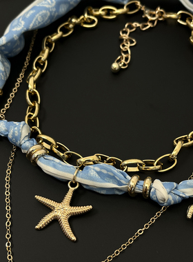 Vintage古着 Blue silk scarves and starfish are stacked项链
