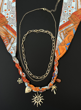 Vintage古着Orange silk scarf metal necklace项链