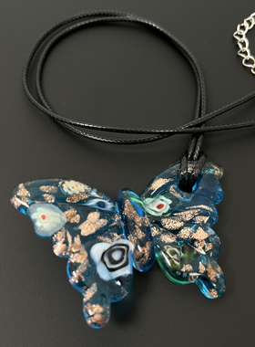 Vintage古着 Blue glazed butterfly necklace项链