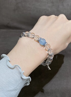白水晶海蓝宝纯银手串珠手链小众