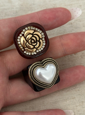 Vintage中古山茶花方块戒指轻奢