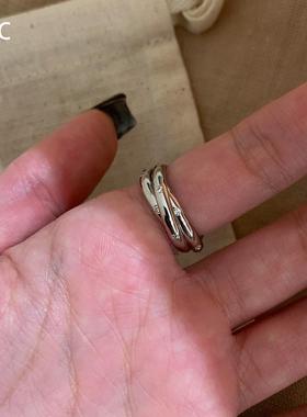 中古银色微镶三环交叉戒指高级感