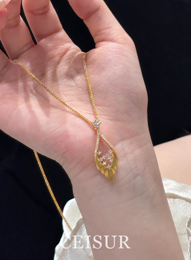 金色拉丝羽毛仿钻项链轻奢高级感