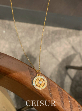古法金色仿闪钻珍珠罗盘吊坠项链