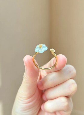 中式温婉蓝色花朵轻奢开口戒指女