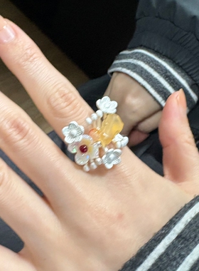 春爆款串珠花朵开口叠戴戒指漂亮