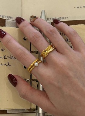 中古宽边金色戒指女珍珠轻奢气质