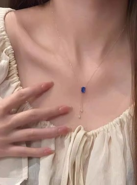 法式复古蓝色方糖流苏项链极简风