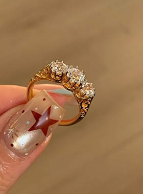 Vintage中古切割闪钻银色戒指女