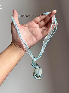 清冷感蓝色螺旋水滴项链简约甜美