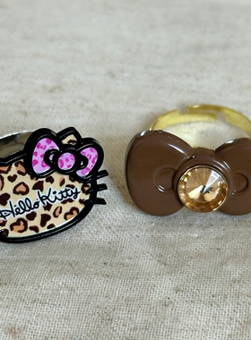 粉色豹纹kt猫蝴蝶结戒指可爱温柔