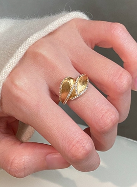 金色仿闪钻树叶戒指精致时尚百搭