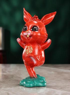 彩铜兔子摆件彩绘红色兔子可爱福兔客厅桌面装饰小兔子摆件工艺品