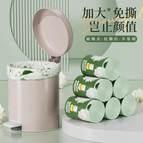 山茶花印花大号垃圾袋家用加厚抽绳手提式厨房专用清洁特厚塑料袋 - 图1