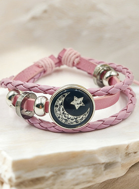 爆款日月恋人夜光手链皮革男女通用多层叠戴风欧美风编织情侣礼物