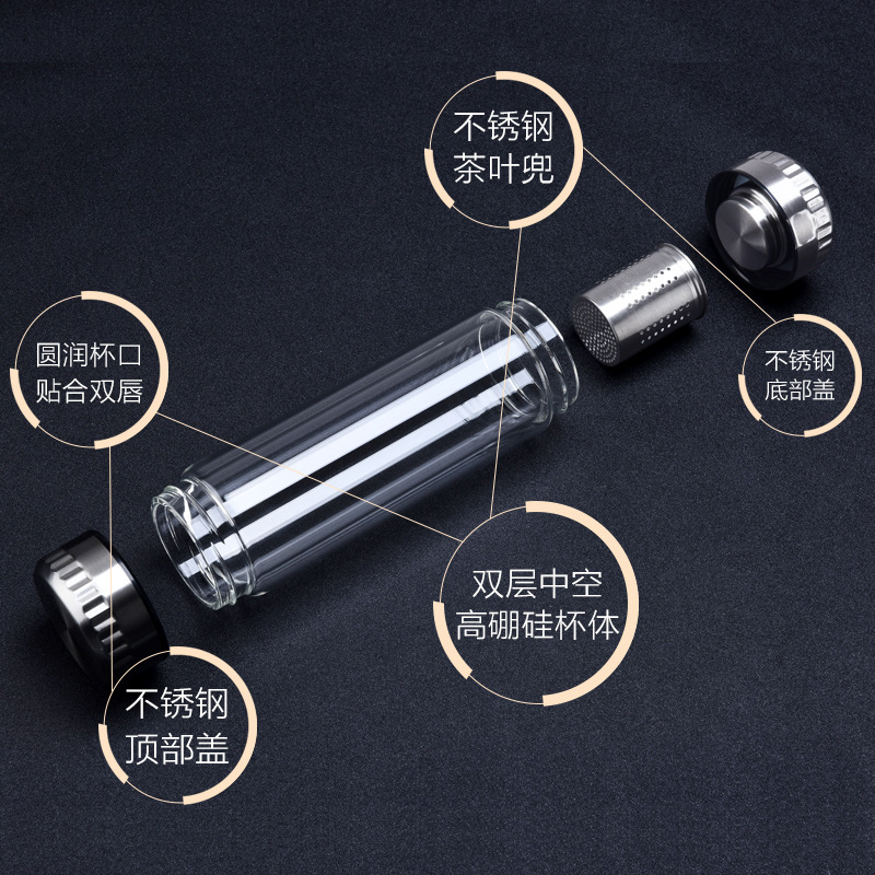 茶杯茶水分离耐热玻璃杯男士大容量双层玻璃印花双盖功夫茶过滤网 - 图1