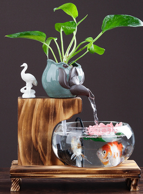 个性创意中式小型鱼缸流水器摆件招财风水桌面客厅家居开业乔迁礼