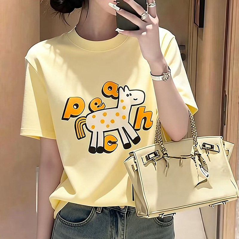 韩国东大门春夏小马字母松弛卷边上衣女短款微宽松圆领短袖T恤潮,淘宝优惠券,粉丝福利购,淘宝优惠卷