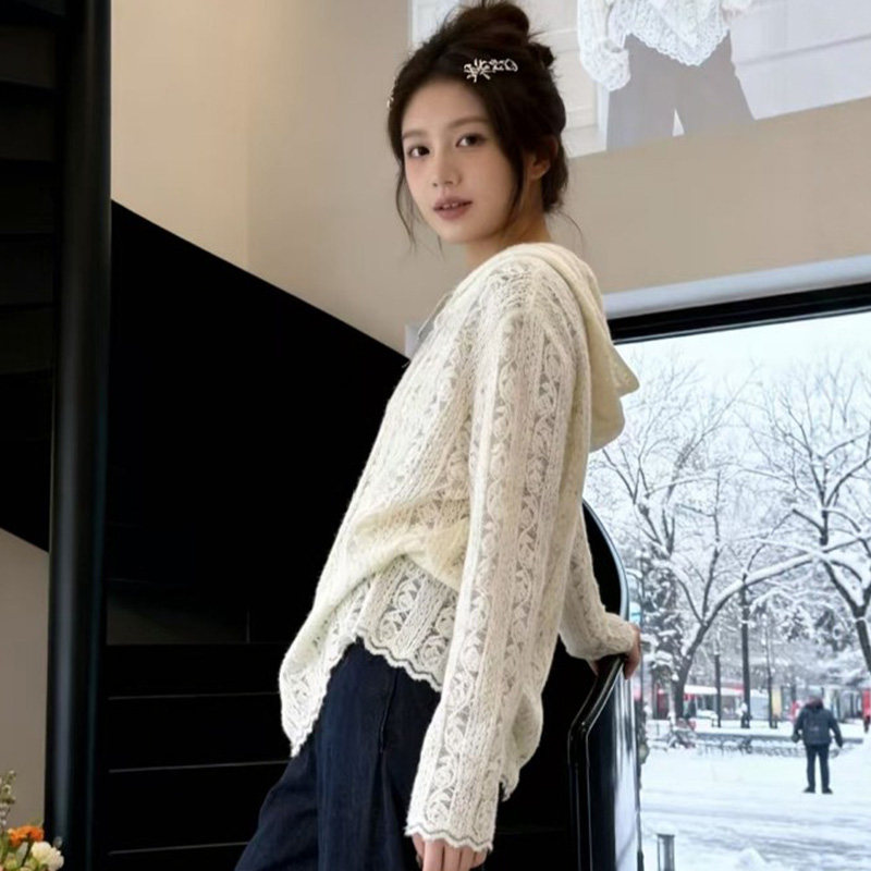 法式气质重工钩花长袖连帽蕾丝衫女开衫春夏季显瘦宽松上衣体恤潮,淘宝优惠券,粉丝福利购,淘宝优惠卷