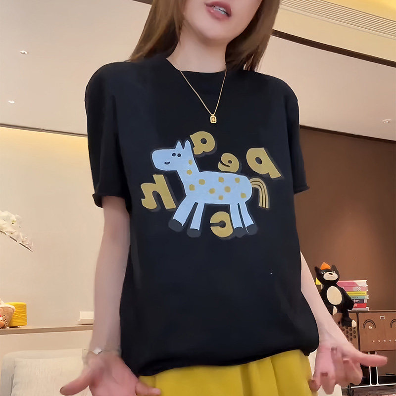 韩版小马字母印花卷边短袖T恤女春夏大码内搭上衣体恤卡通打底衫,淘宝优惠券,粉丝福利购,淘宝优惠卷