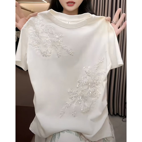 国风设计感花朵刺绣短袖T恤女洋气白色高级感上衣打底衫百搭体恤 - 图0
