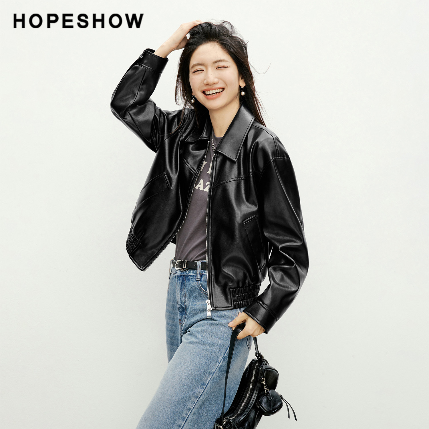 红袖摩登风韵翻领皮衣女2026春秋季新款双向拉链落肩PU皮短外套女 衣红实拍商品图