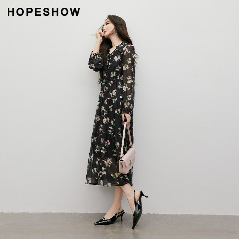 红袖春季2025新款女装玫瑰印花泡泡长袖木耳边系带V领雪纺连衣裙,淘宝优惠券,粉丝福利购,淘宝优惠卷