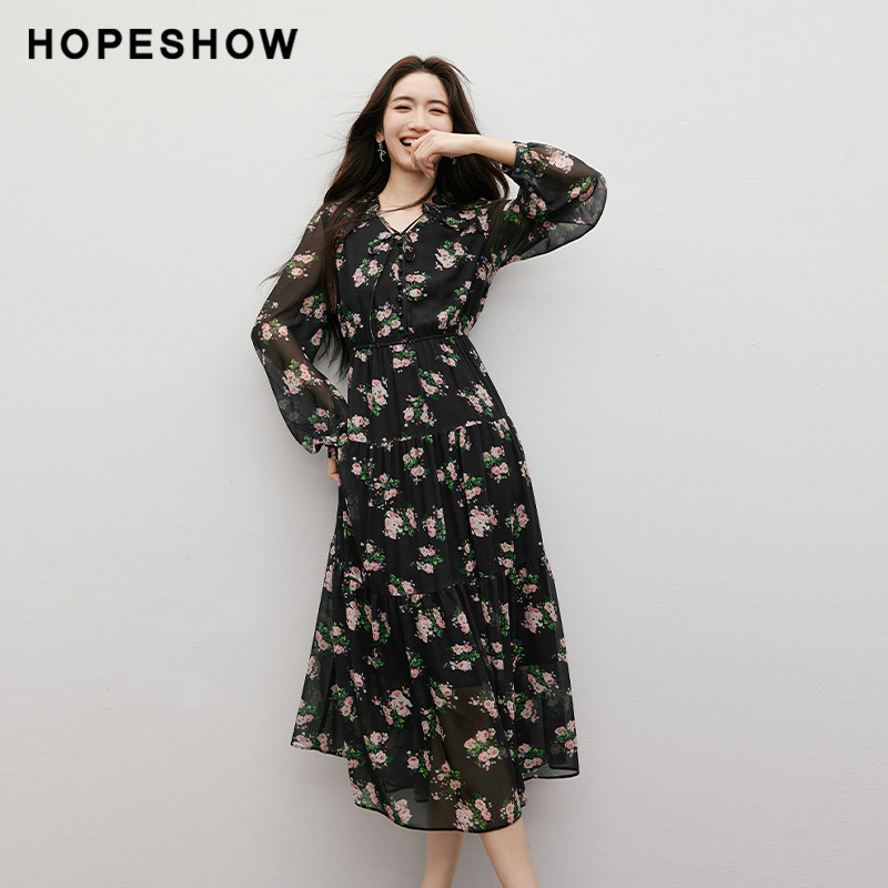 红袖春季2025新款女装玫瑰印花泡泡长袖木耳边系带V领雪纺连衣裙,淘宝优惠券,粉丝福利购,淘宝优惠卷