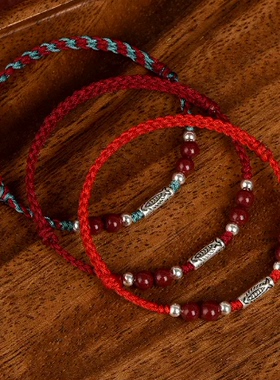 上岸手绳幸运锦鲤纯银本命年红绳手链脚链男女好运朱砂转运珠编织