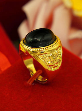 大方小方椭圆男戒黄铜镀金戒指镶黑曜石沙金男款地摊货源玛瑙