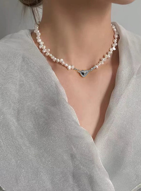 巴洛克风淡水珍珠项链女锁骨链韩版爱心磁铁扣个性小众颈链新款潮