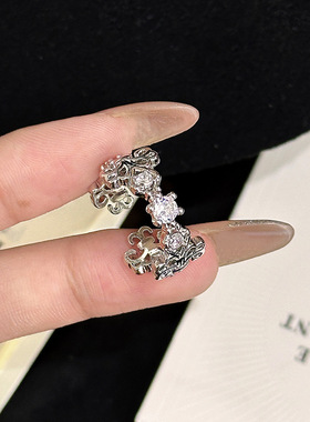 中古vintage镂空拉丝鸢尾花纹开口戒指小众轻奢叠戴指环女感