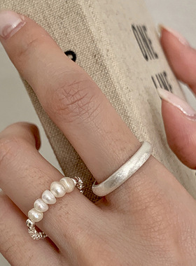 韩版小众设计珍珠碎银几两串珠戒指女2023年新款素戒开口食指戒指