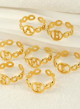 跨境欧美钛钢26英文字母戒指18K时尚简约不锈钢开口可调节戒指女