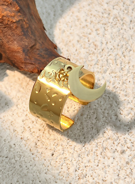 跨境中古戒指不锈钢镀18k金开口戒指小众设计感中东星月戒指