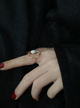 韩版s925镀银仿珍珠戒指女复古时尚小众设计开口指环简约食指戒潮