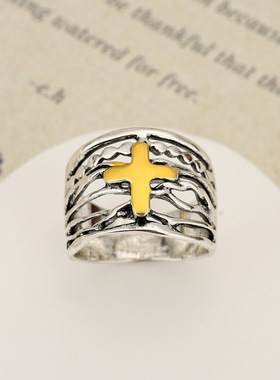 洛尘法式复古双色十字架多层交叉戒指做旧小众时尚潮流指环手饰品